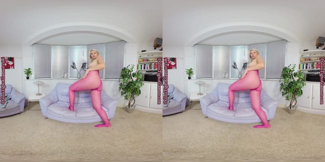 Nicky Phillips Grey dress with pink glossy legwear GlossTightsGlamourVR — photo 5