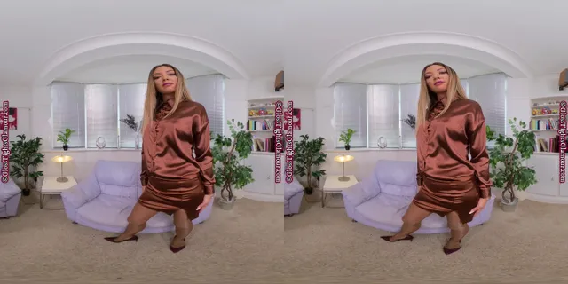 Natalia Forrest Brown Secretary Outfit With Tan Glossy Legwear JOI GlossTightsGlamourVR — photo 5