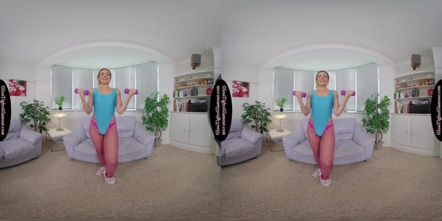Miss V Blue Leotard With Pink Glossy Legwear GlossTightsGlamourVR — photo 5