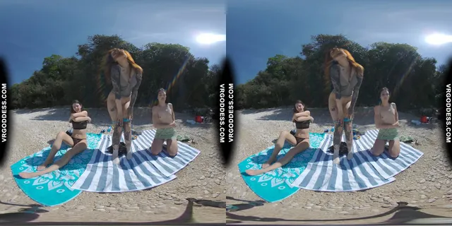 3 Babes Naked On Vacation Beach Picnic Playing Frisbee Searching For Shells And Bubble VRgoddess — photo 9