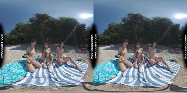 3 Babes Naked On Vacation Beach Picnic Playing Frisbee Searching For Shells And Bubble VRgoddess — photo 8