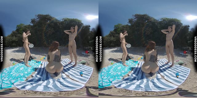 3 Babes Naked On Vacation Beach Picnic Playing Frisbee Searching For Shells And Bubble VRgoddess — photo 6