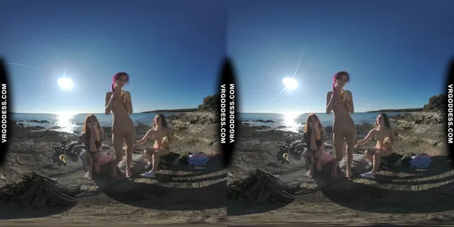 3 Hot Girls Getting Naked On Beach During Winter Making Fire Eating Bananas Dancing VRgoddess — photo 7