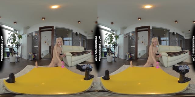Skinny Blonde Poppy Trying Different Dildos Will It Fit Challenge Loves Big Black Ones Most VRgoddess — photo 48